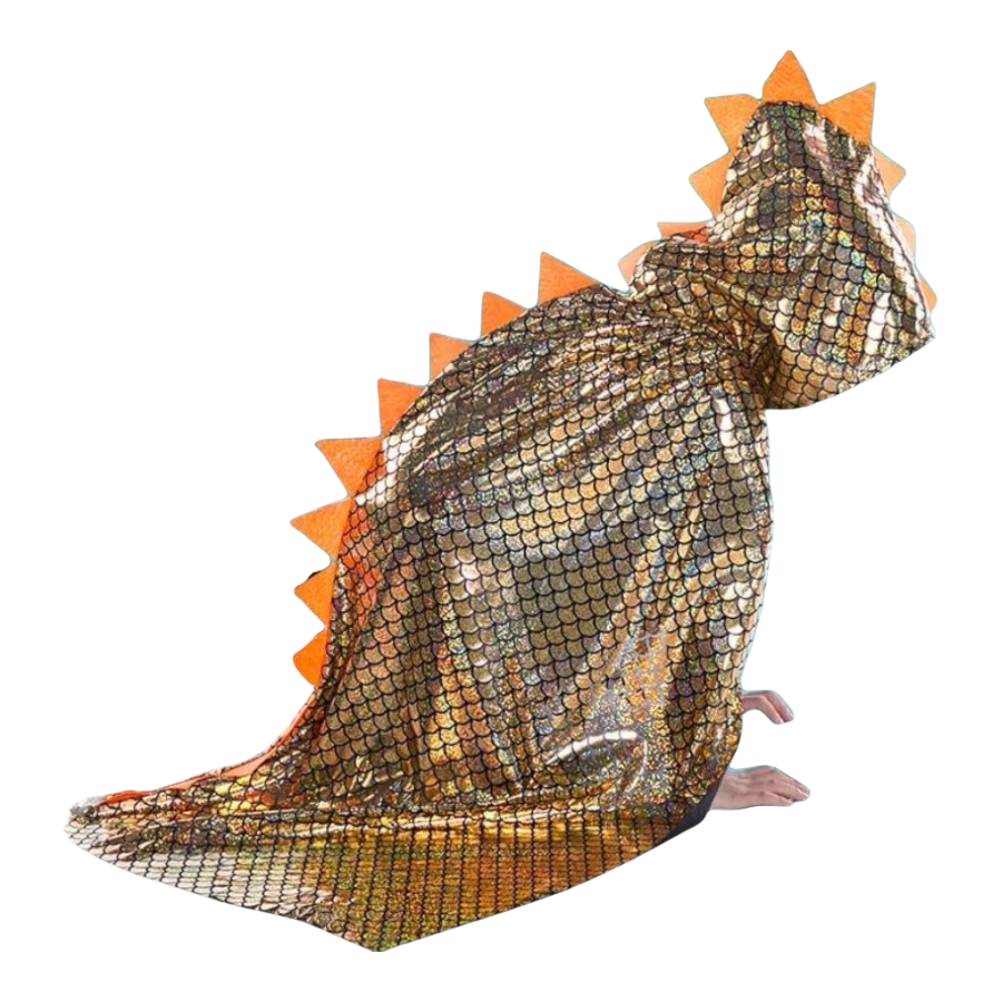 Dino cape in het goud met stekels van oranje vilt. De jongen verkleed als dino zit in een dino positie
