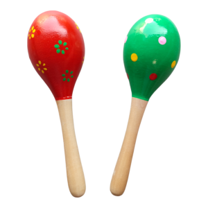 Set van kleurrijke houten sambaballen, speciaal ontworpen voor kleine kinderhandjes, ideaal voor ritmegevoel en muzikaal speelplezier.