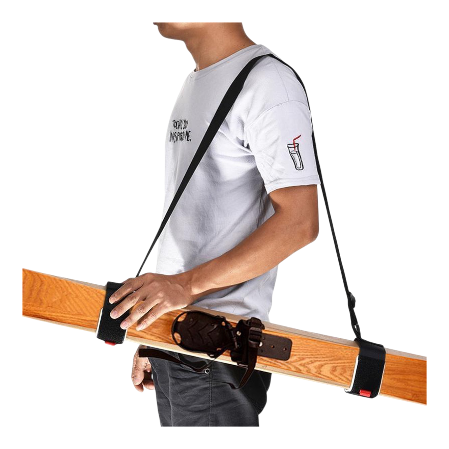 Skidrager met verstelbare riemen voor het dragen van ski’s en skistokken op de rug