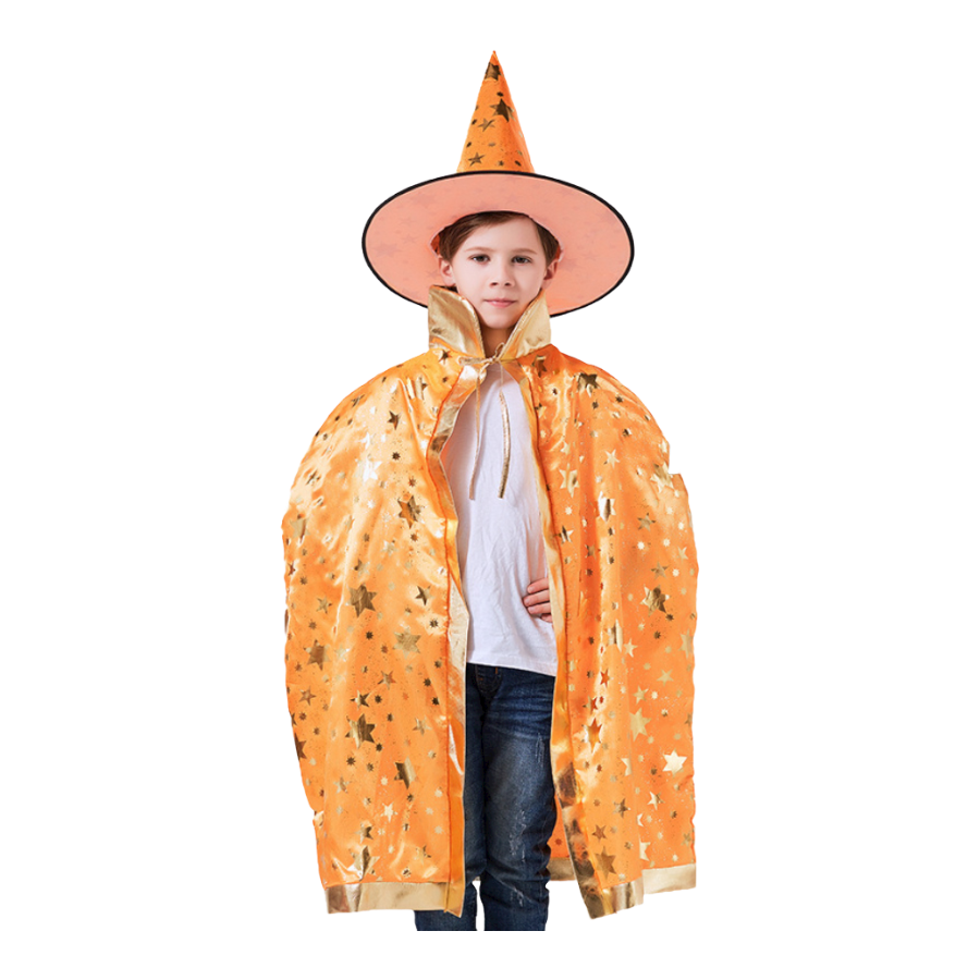 Oranje tovenaars cape met gouden sterren en bijpassende hoed.