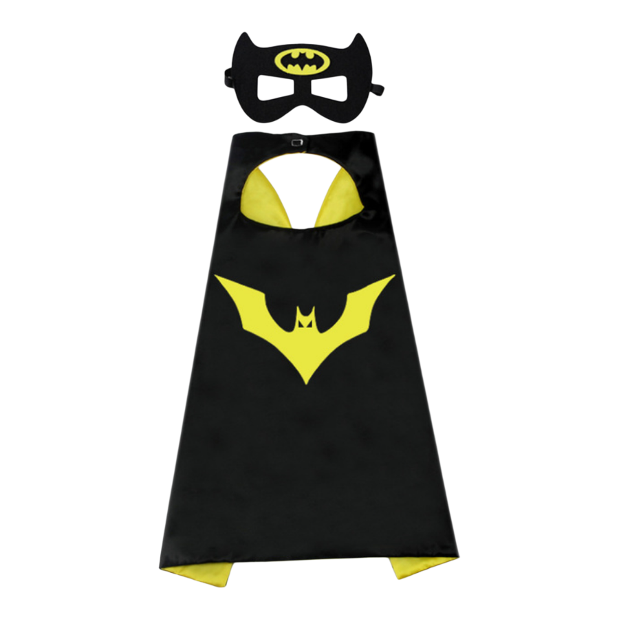 Zwart-gele superheldencape met vleermuisprint en bijpassend masker.