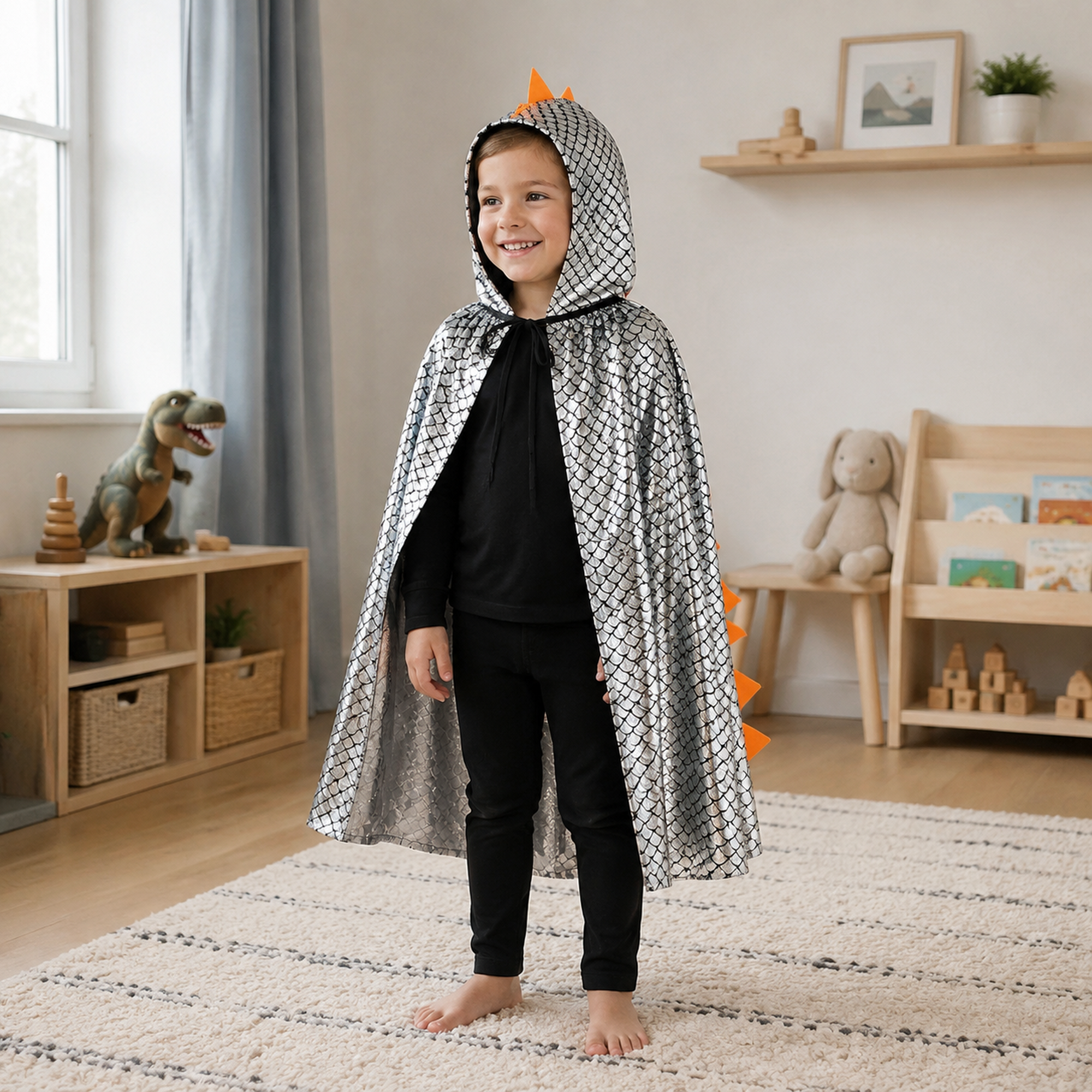 Zilveren dinocape gedragen over eigen kleding, voorzijde
