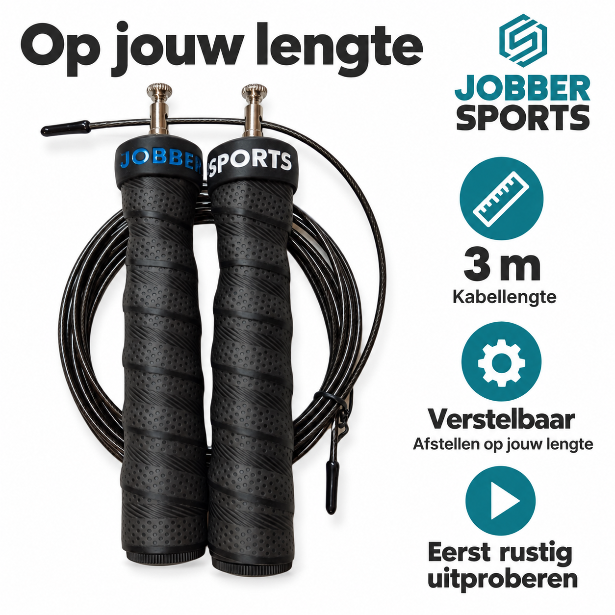 Jobber Sports Hurricane springtouw zwart – 3 m met reservekabel – Lengte en pasvorm