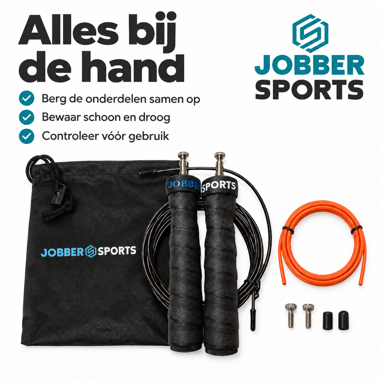 Jobber Sports Hurricane springtouw zwart – 3 m met reservekabel – Opbergen en onderhoud