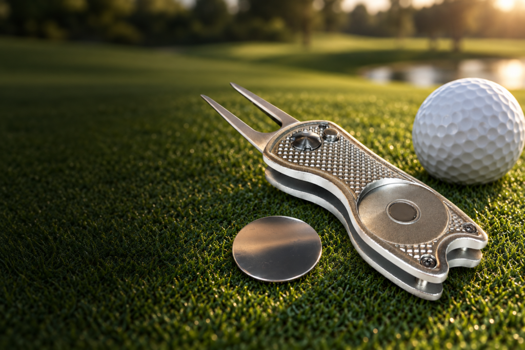 Zilveren inklapbare pitchfork met losse balmarker op een puttinggreen; golfbal ter illustratie