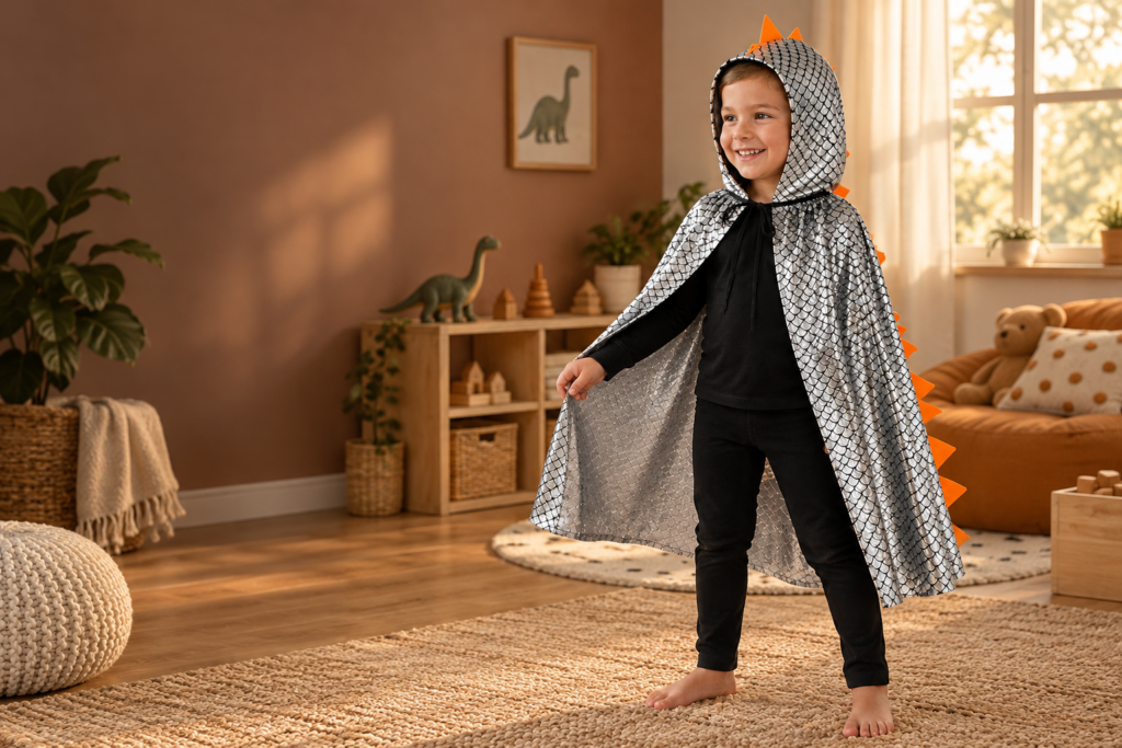 Kind in de zilveren dinocape met oranje stekels in een warme speelkamer