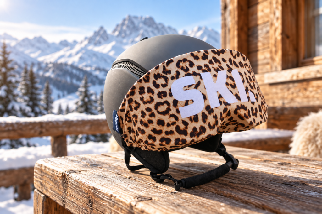 Panterprint skibrilhoes met SKI-opdruk op een grijze helm bij een besneeuwd chalet; helm en bril niet inbegrepen