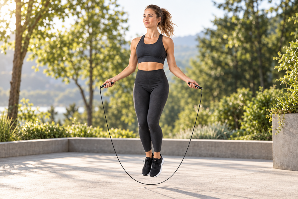 Sportende vrouw met een zwarte Jobber Sports Ultimate speedrope op een zonnig buitenterras