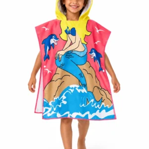 Kinderbadponcho zeemeermin roze met gele capuchon - 60 x 60 cm
