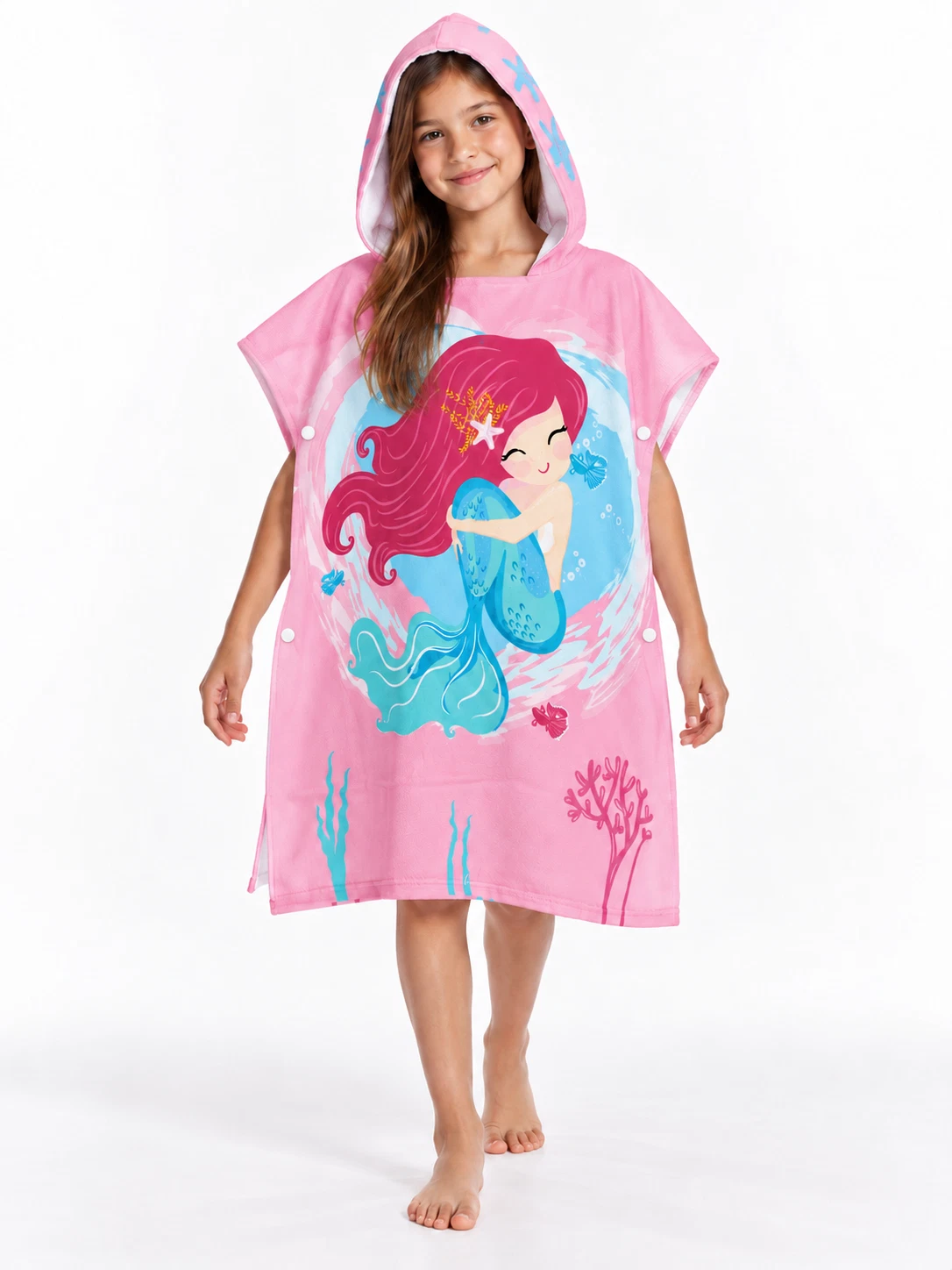 Kinderbadponcho zeemeermin roze - 70 x 75 cm